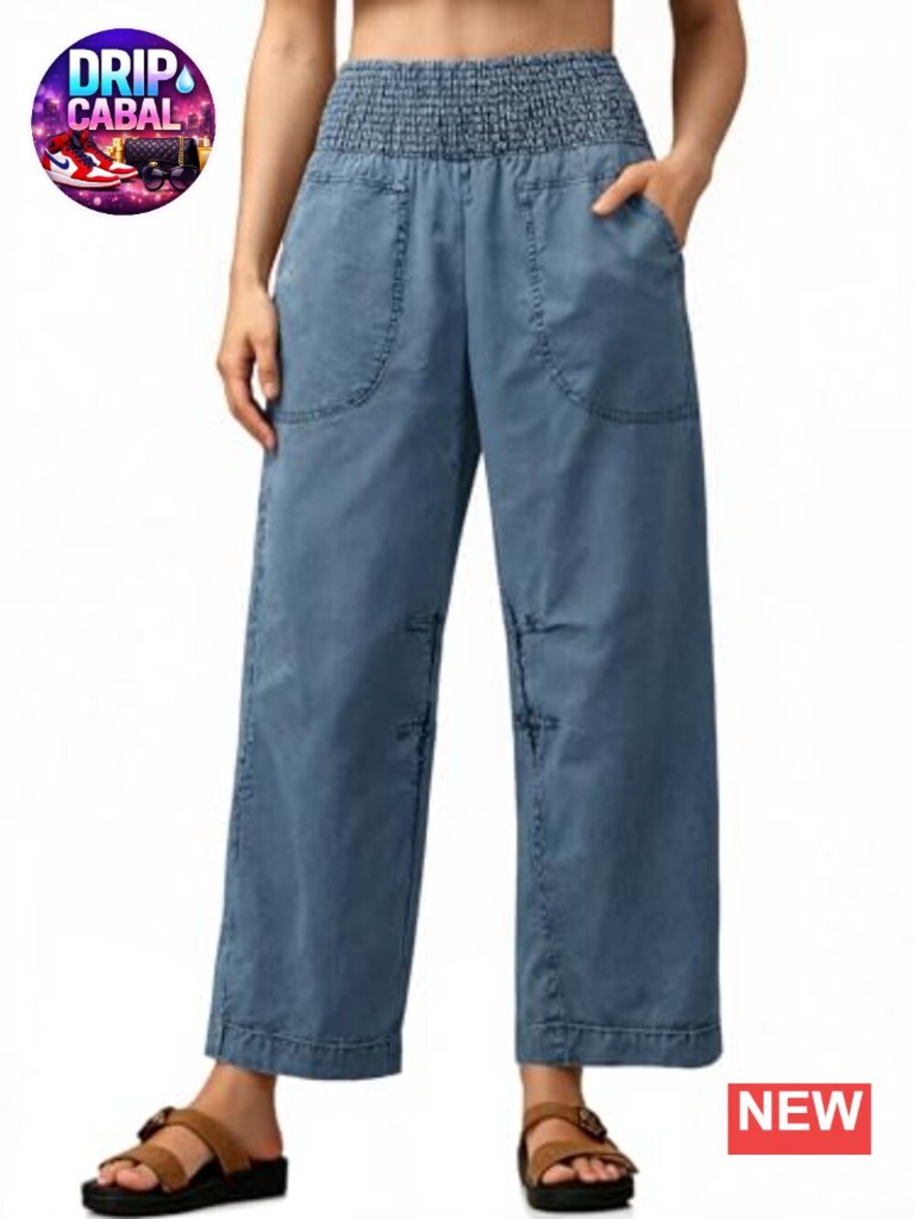 High Waisted Baggy Pull On Barrel Jeans Smocked Waist